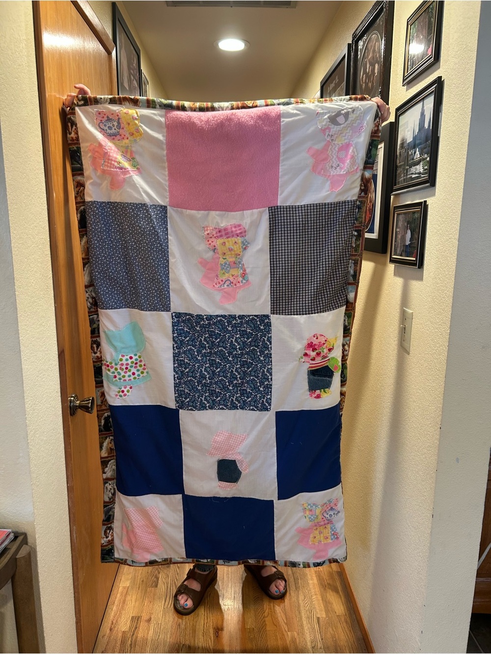 Patchwork Baby Quilt in Pink, Navy & White - Handmade